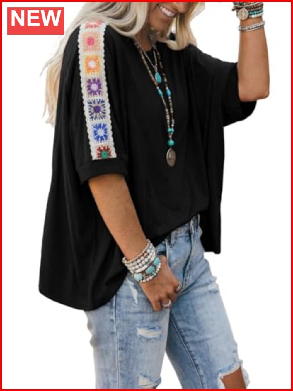 Women's Oversized Lace Shoulder Short Sleeve T-Shirt Loose Fit Blouse